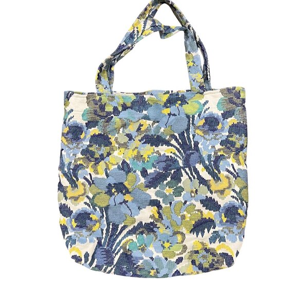 Handmade Floral Tapestry Tote Bag With Blue & Green Pattern - Picture 2 of 5